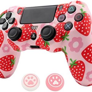 RALAN Pink Controller Skins for PS4,Fruit Silicone Controller Cover Skin Protector Compatible /PS4 Slim/PS4 Pro Controller with 2 Cute Thumb Grips Caps…