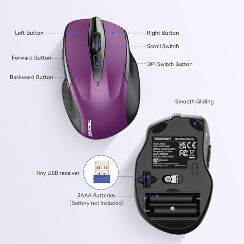 TECKNET Wireless Mouse, 2.4G Ergonomic Optical Mouse, Computer Mouse for Laptop, PC, Computer, Chromebook, Notebook, 6 Buttons, 24 Months Battery Life, 2600 DPI, 5 Adjustment Levels - Image 5